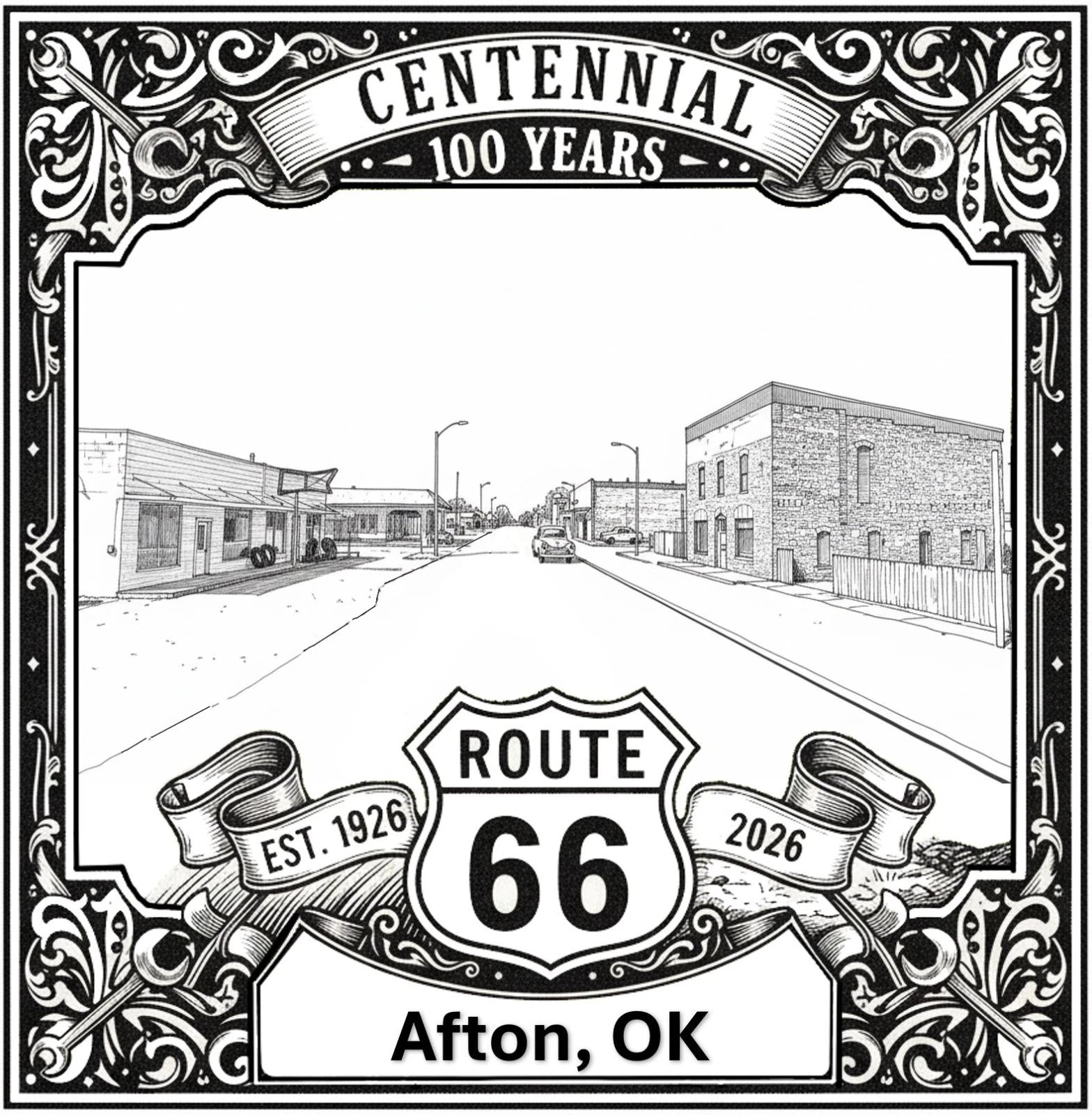 Laser-engraved design of Afton, Oklahoma for Route 66 Centennial