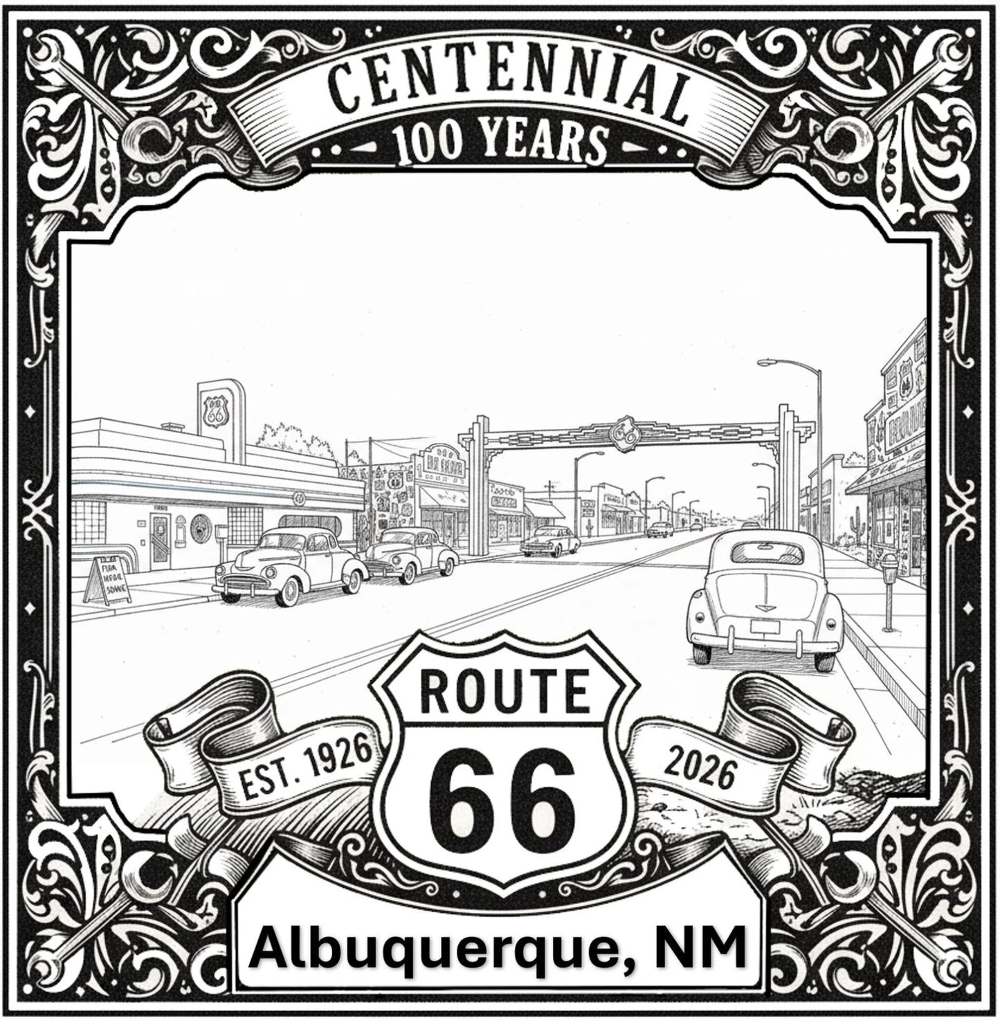Laser-engraved design of Albuquerque, New Mexico for Route 66 Centennial