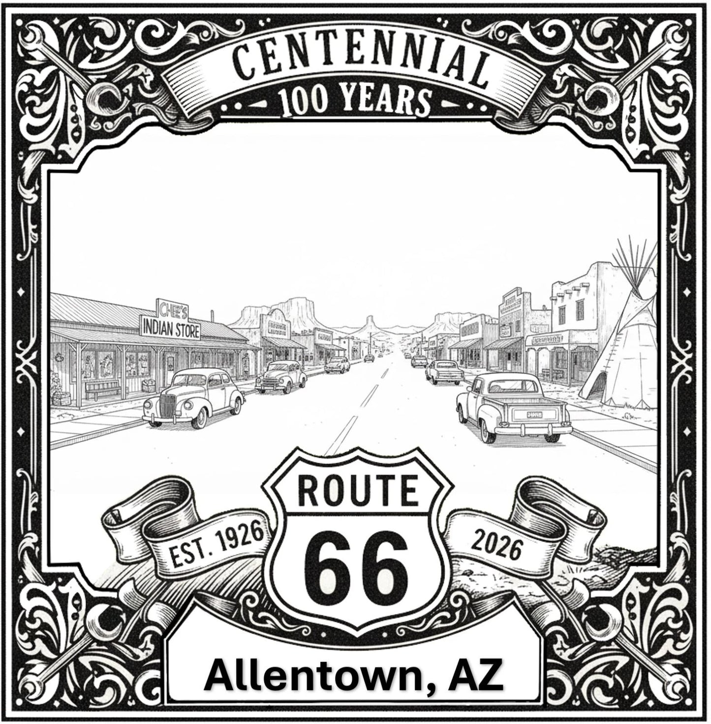 Laser-engraved design of Allentown, Arizona for Route 66 Centennial
