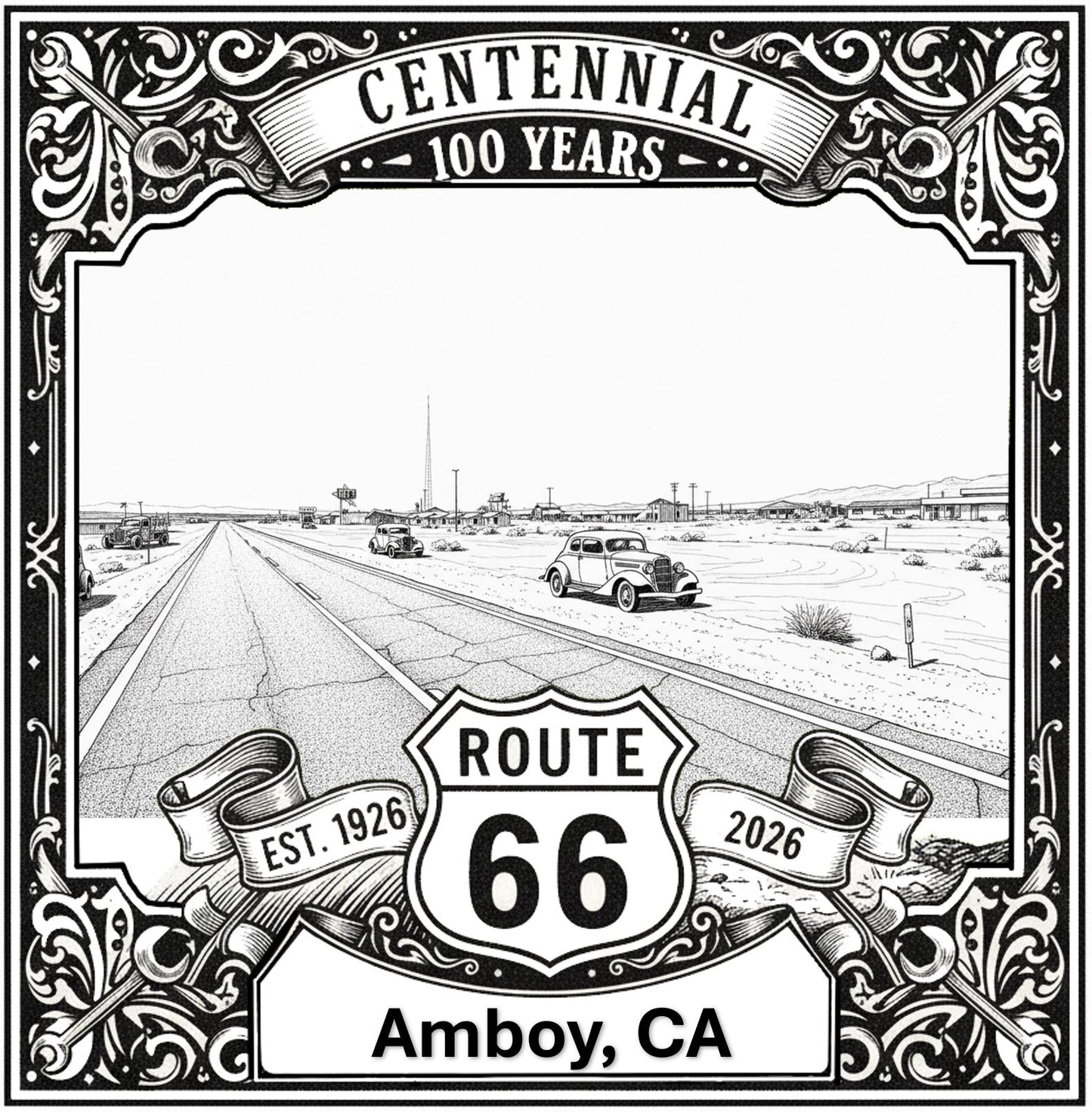 Laser-engraved design of Amboy, California for Route 66 Centennial