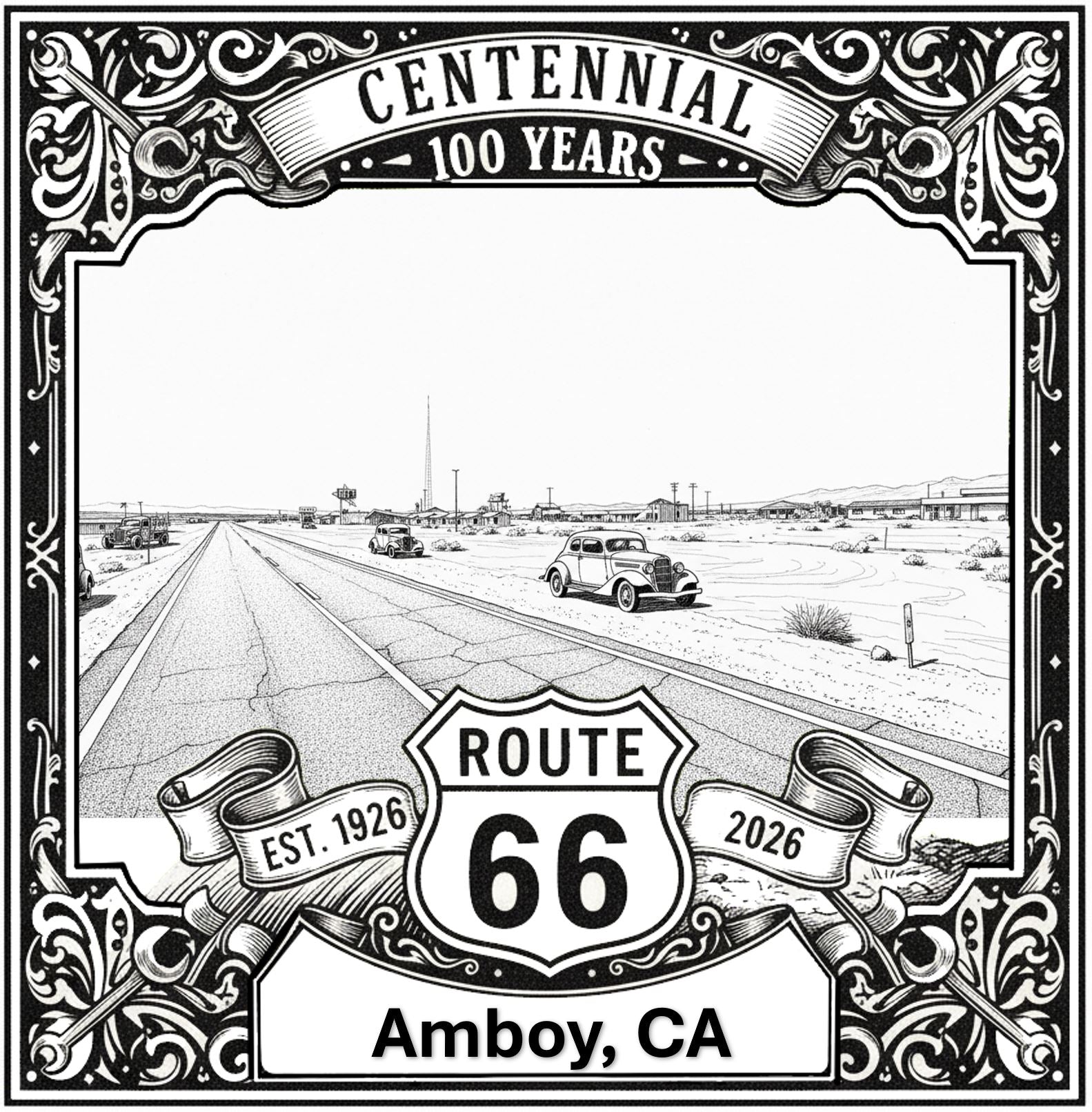 Laser-engraved design of Amboy, California for Route 66 Centennial
