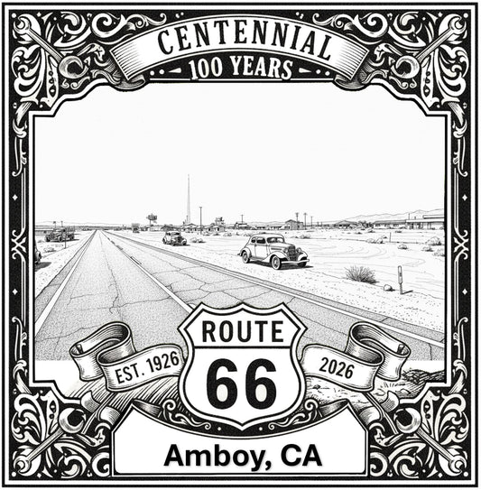 Laser-engraved design of Amboy, California for Route 66 Centennial
