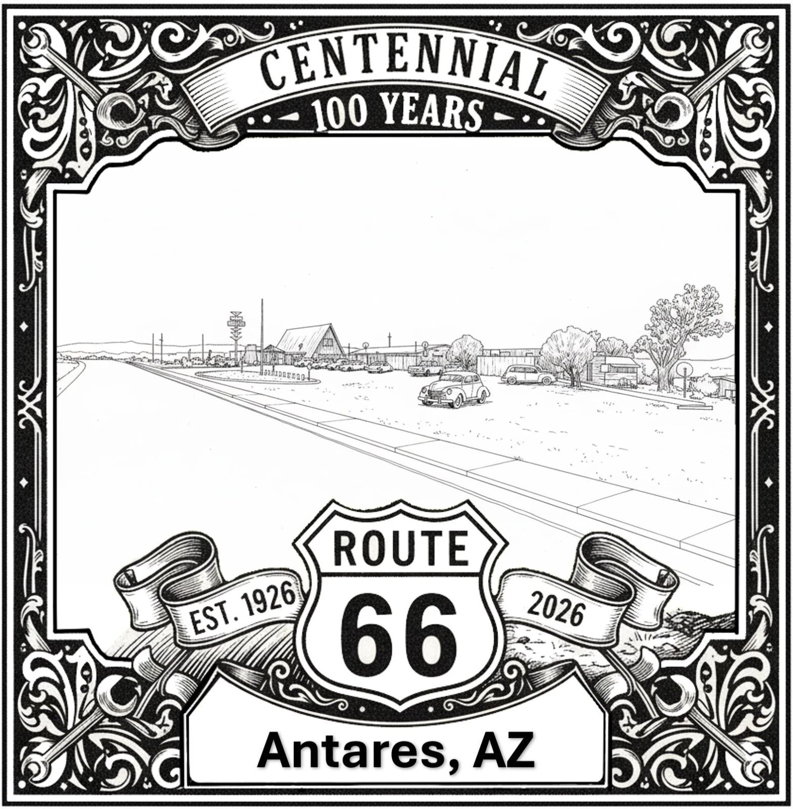 Laser-engraved design of Antares, Arizona for Route 66 Centennial