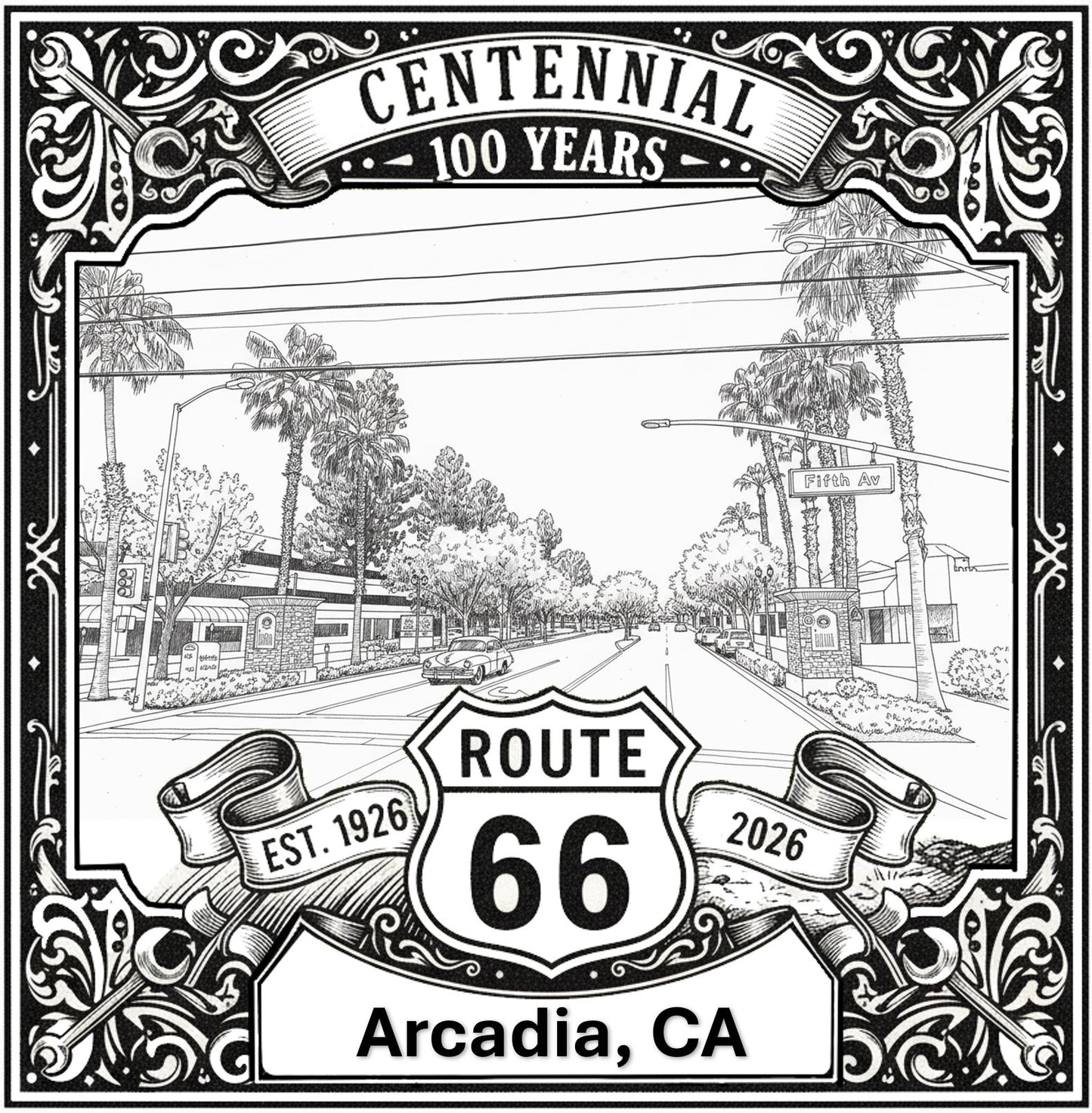 Laser-engraved design of Arcadia, California for Route 66 Centennial