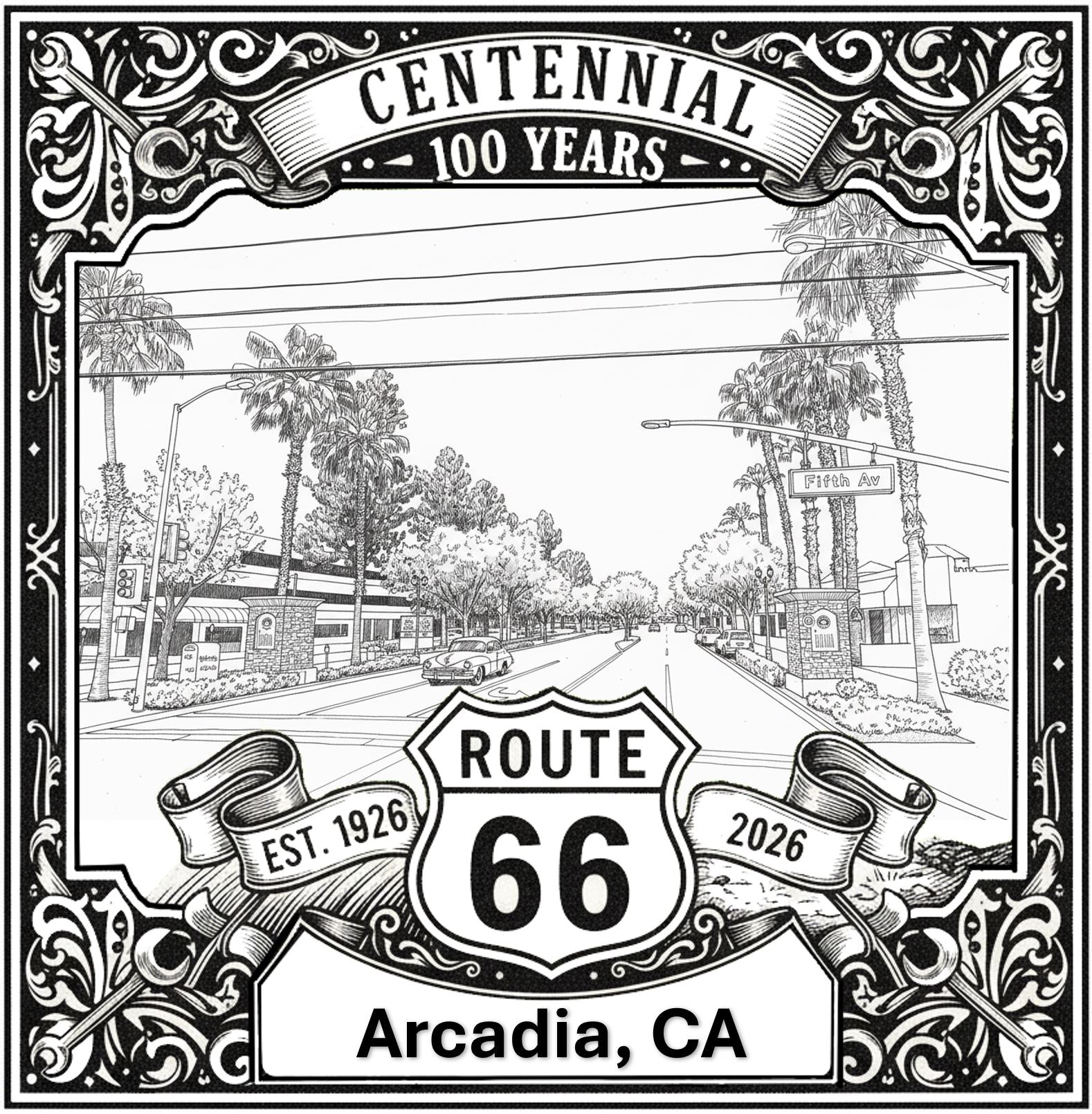 Laser-engraved design of Arcadia, California for Route 66 Centennial