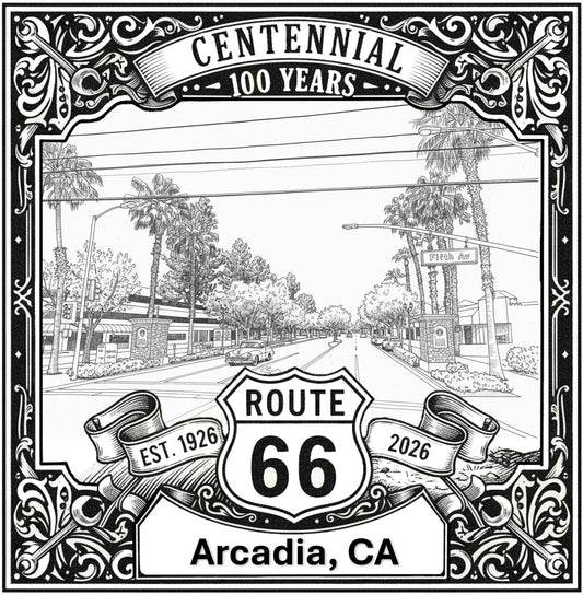 Laser-engraved design of Arcadia, California for Route 66 Centennial