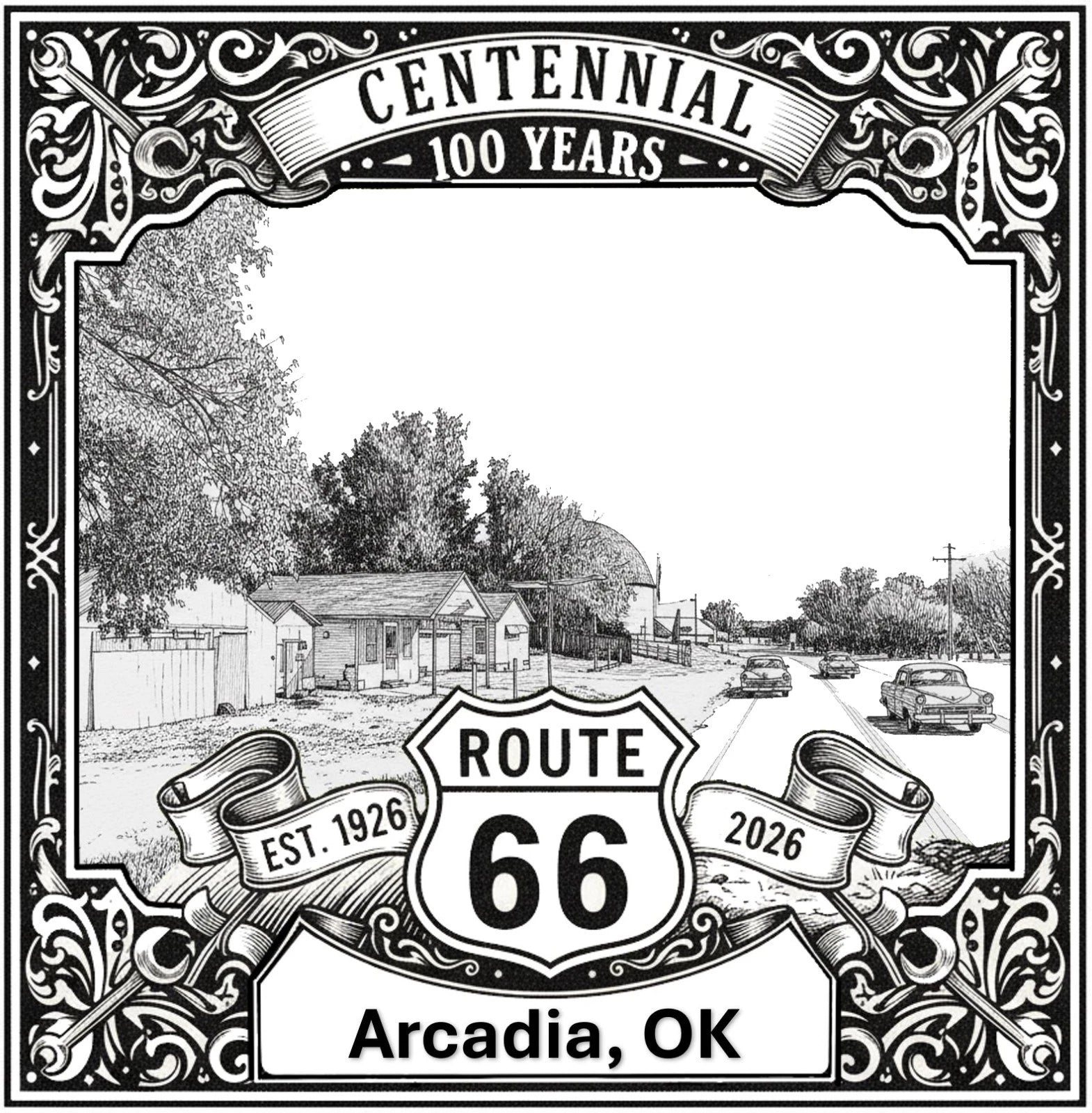 Laser-engraved design of Arcadia, Oklahoma for Route 66 Centennial