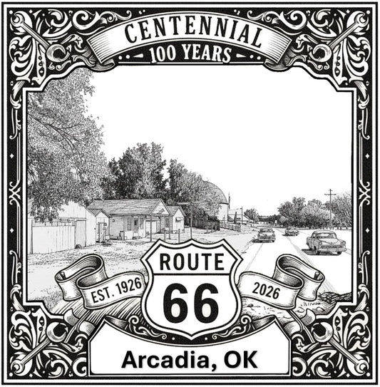 Laser-engraved design of Arcadia, Oklahoma for Route 66 Centennial