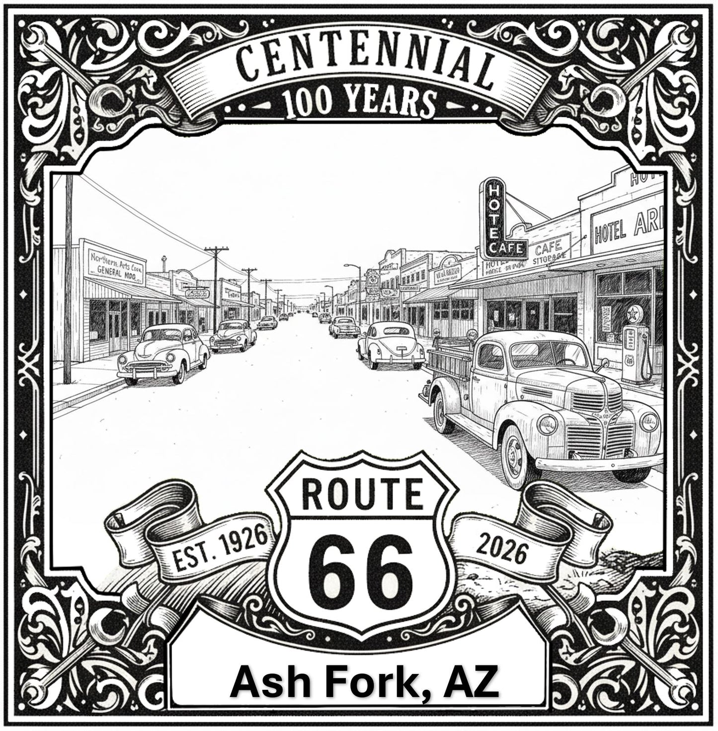 Laser-engraved design of Ash Fork, Arizona for Route 66 Centennial