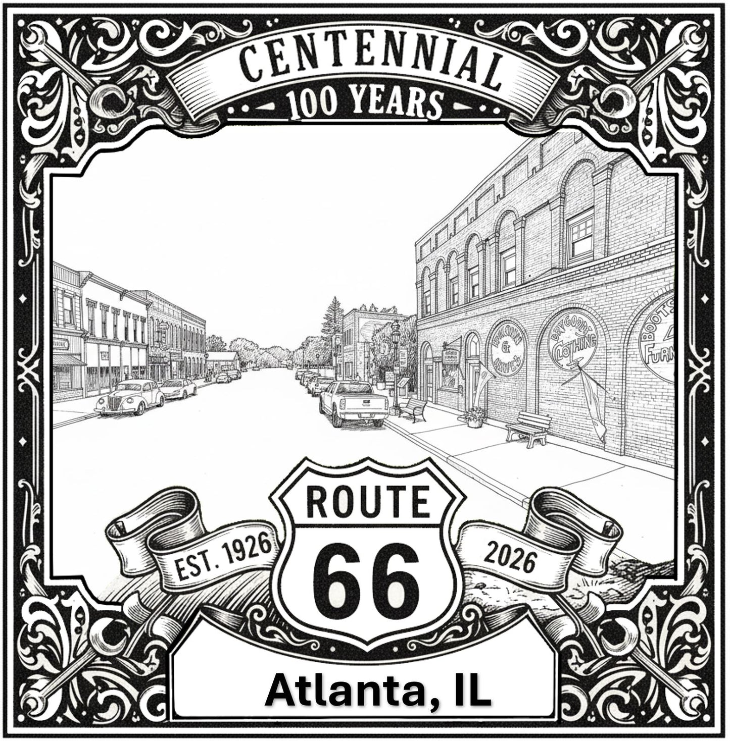 Laser-engraved design of Atlanta, Illinois for Route 66 Centennial