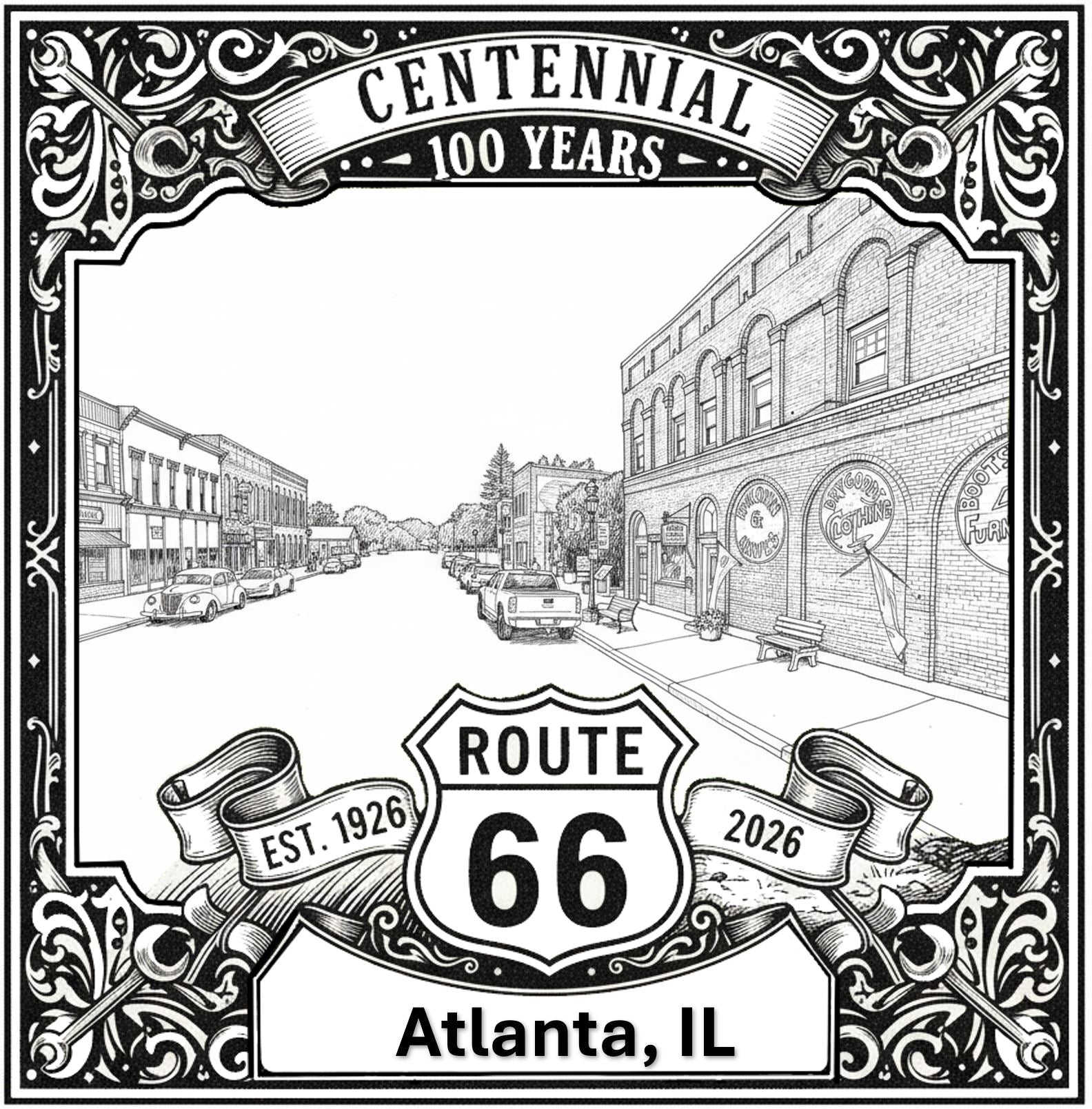 Laser-engraved design of Atlanta, Illinois for Route 66 Centennial