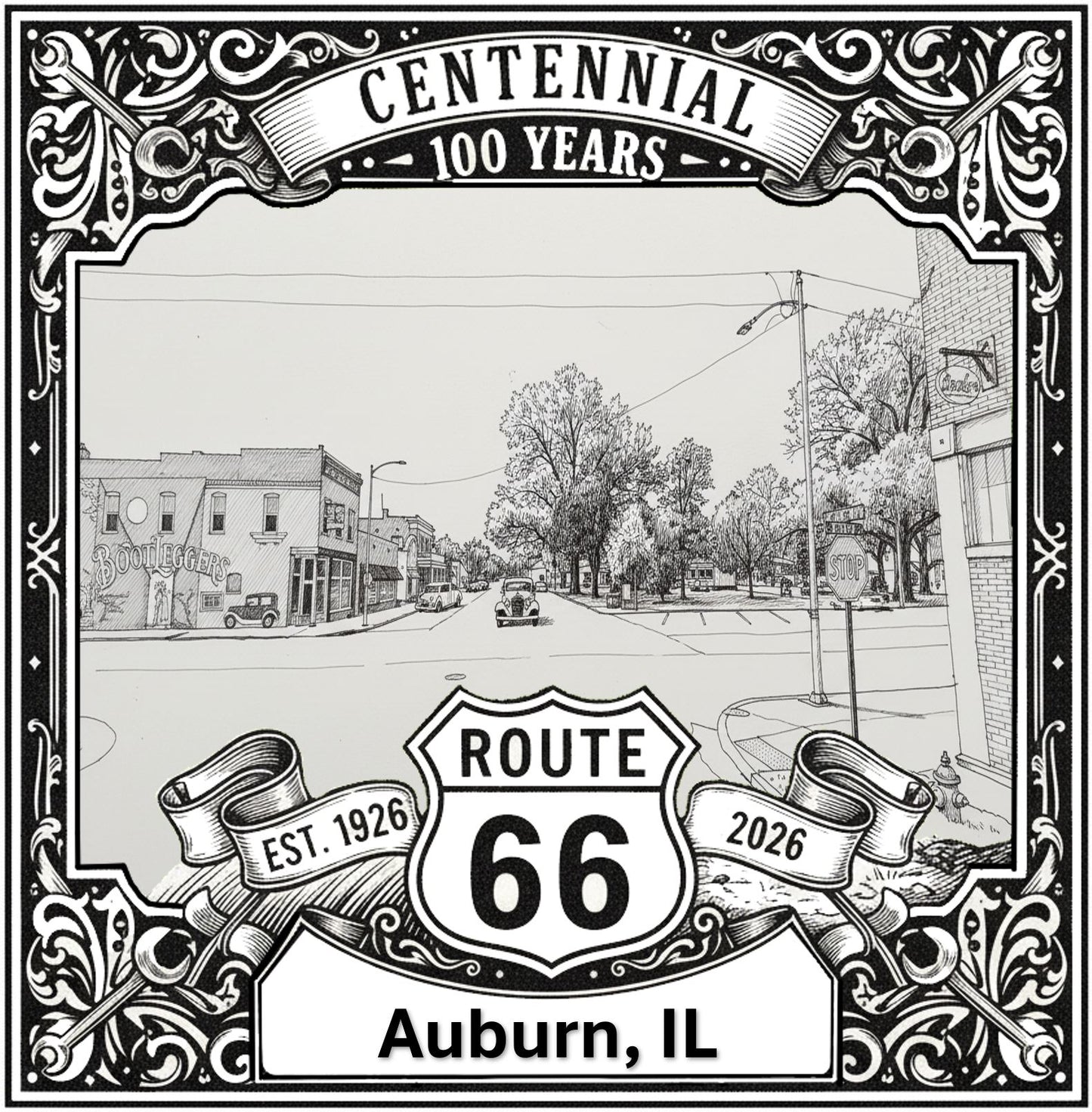 Laser-engraved design of Auburn, Illinois for Route 66 Centennial