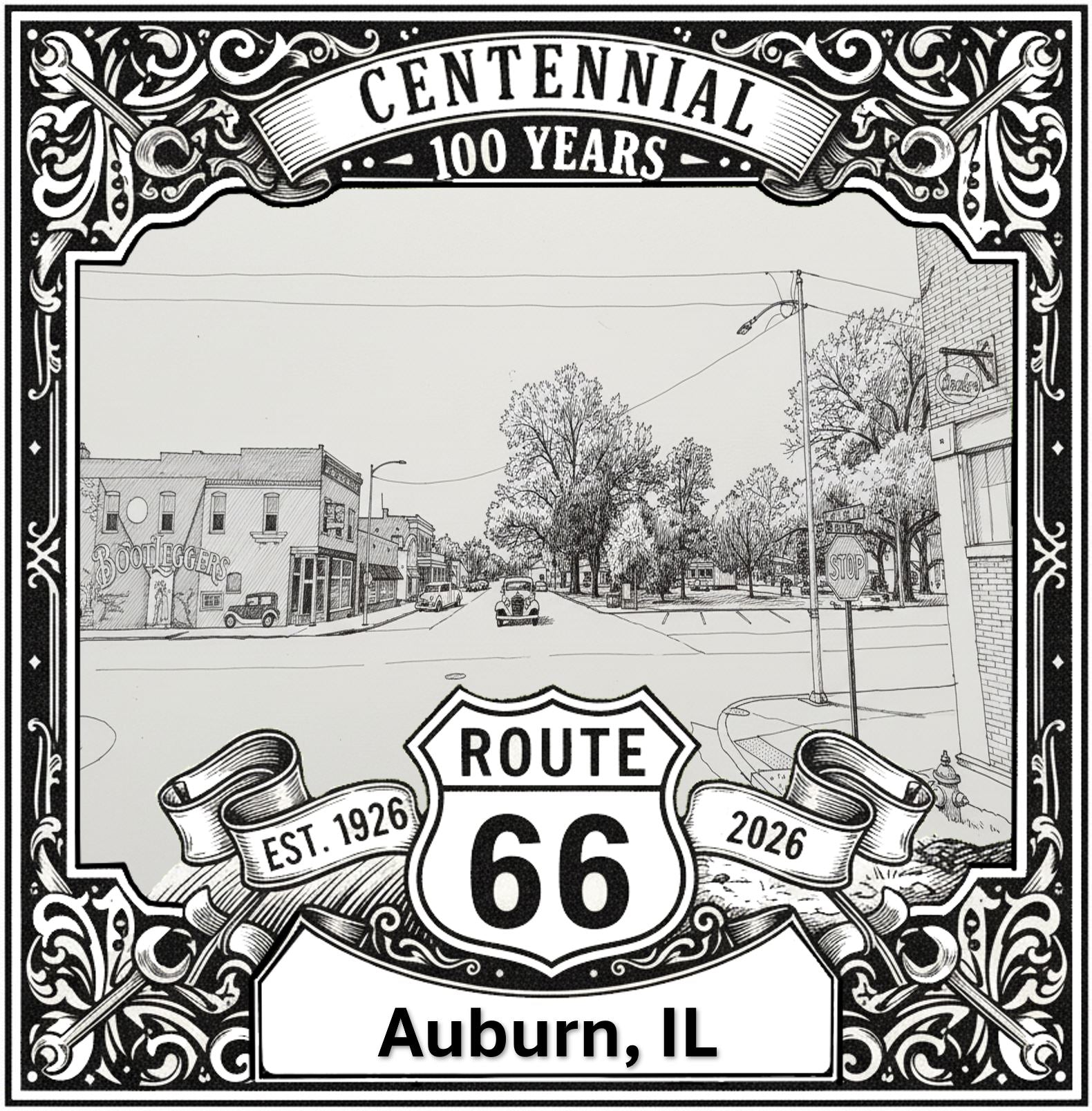 Laser-engraved design of Auburn, Illinois for Route 66 Centennial