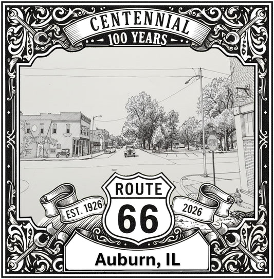 Laser-engraved design of Auburn, Illinois for Route 66 Centennial