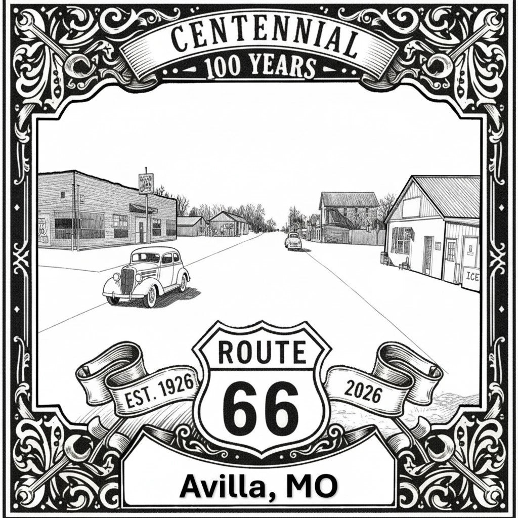 Laser-engraved design of Avilla, Missouri for Route 66 Centennial