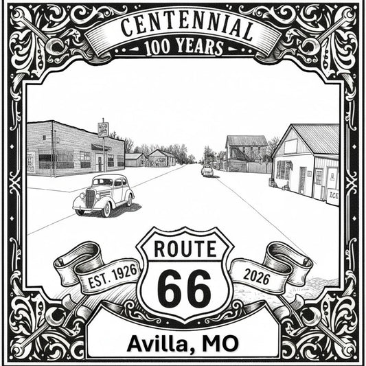 Laser-engraved design of Avilla, Missouri for Route 66 Centennial