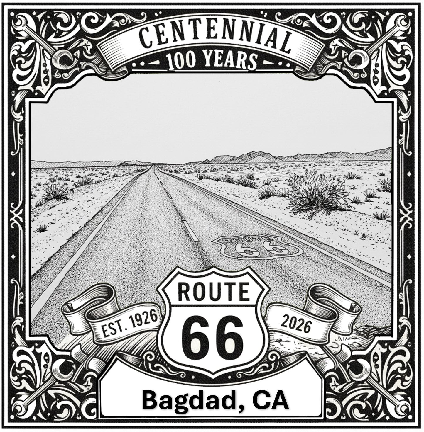 Laser-engraved design of Bagdad, California for Route 66 Centennial
