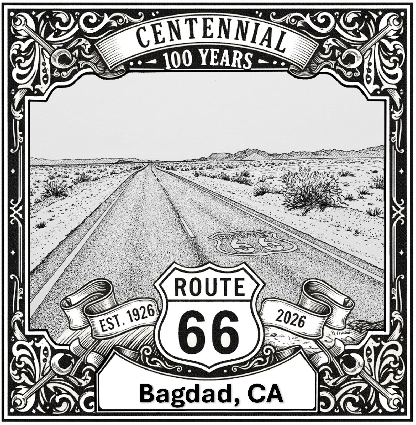 Laser-engraved design of Bagdad, California for Route 66 Centennial