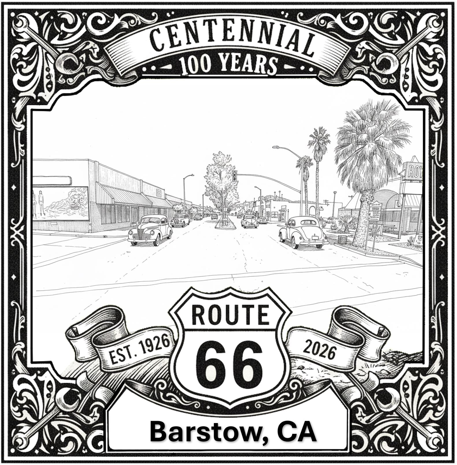 Laser-engraved design of Barstow, California for Route 66 Centennial