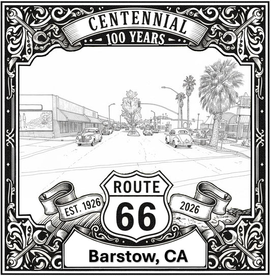 Laser-engraved design of Barstow, California for Route 66 Centennial