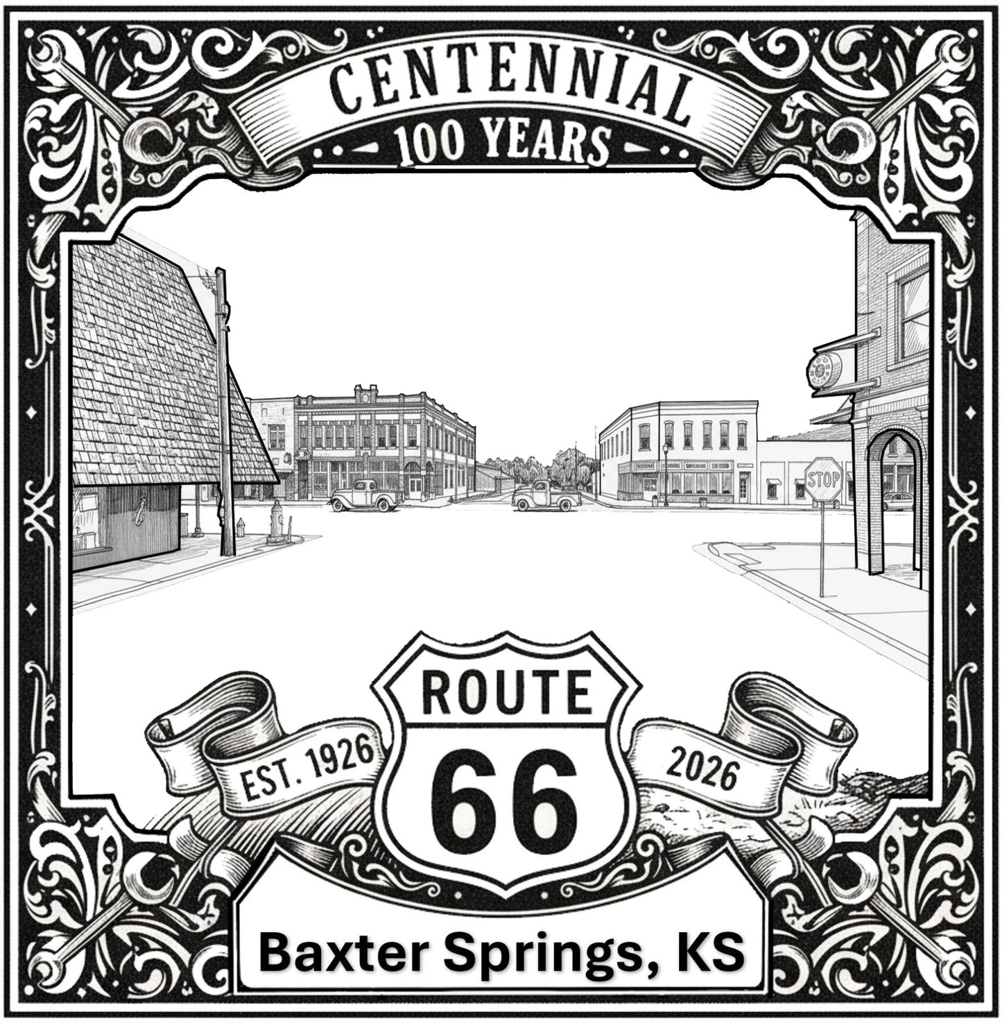 Laser-engraved design of Baxter Springs, Kansas for Route 66 Centennial