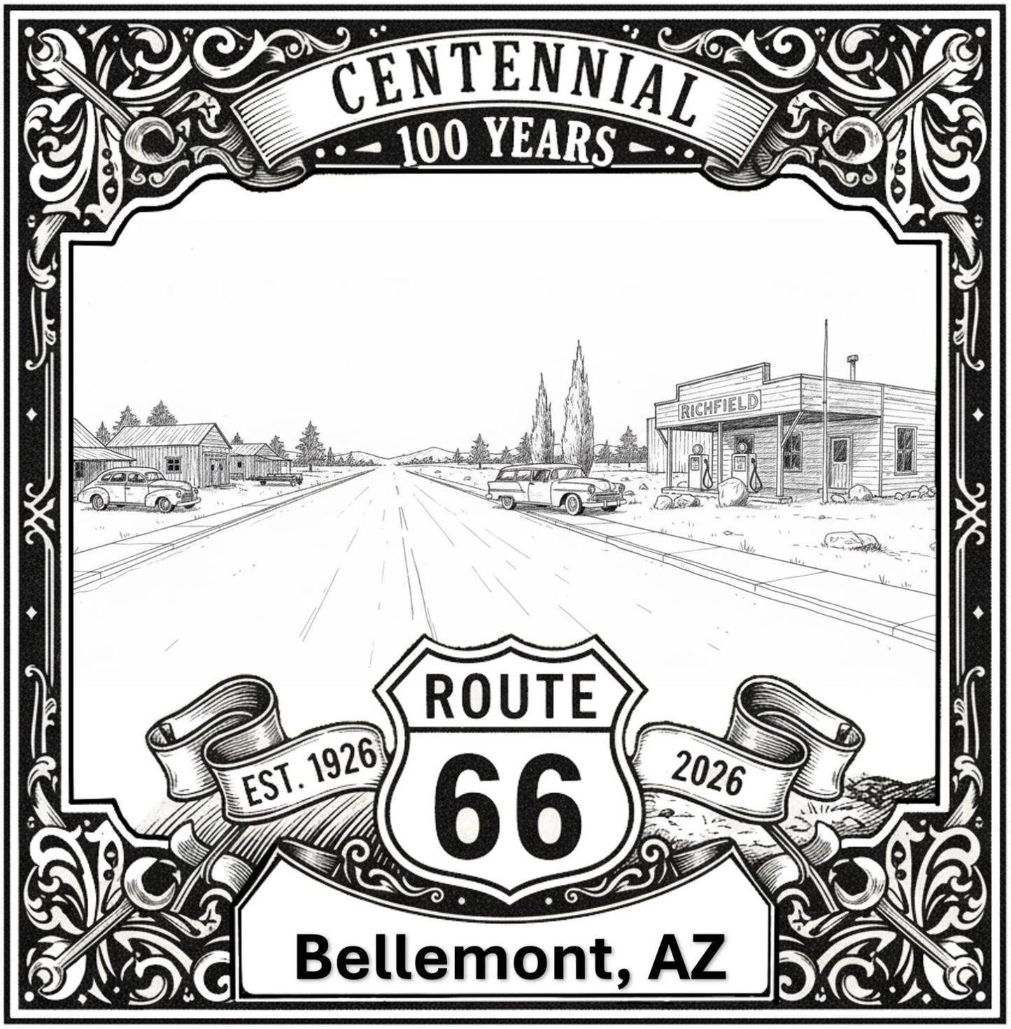 Laser-engraved design of Bellemont, Arizona for Route 66 Centennial