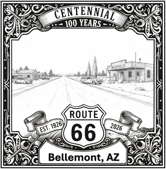Laser-engraved design of Bellemont, Arizona for Route 66 Centennial