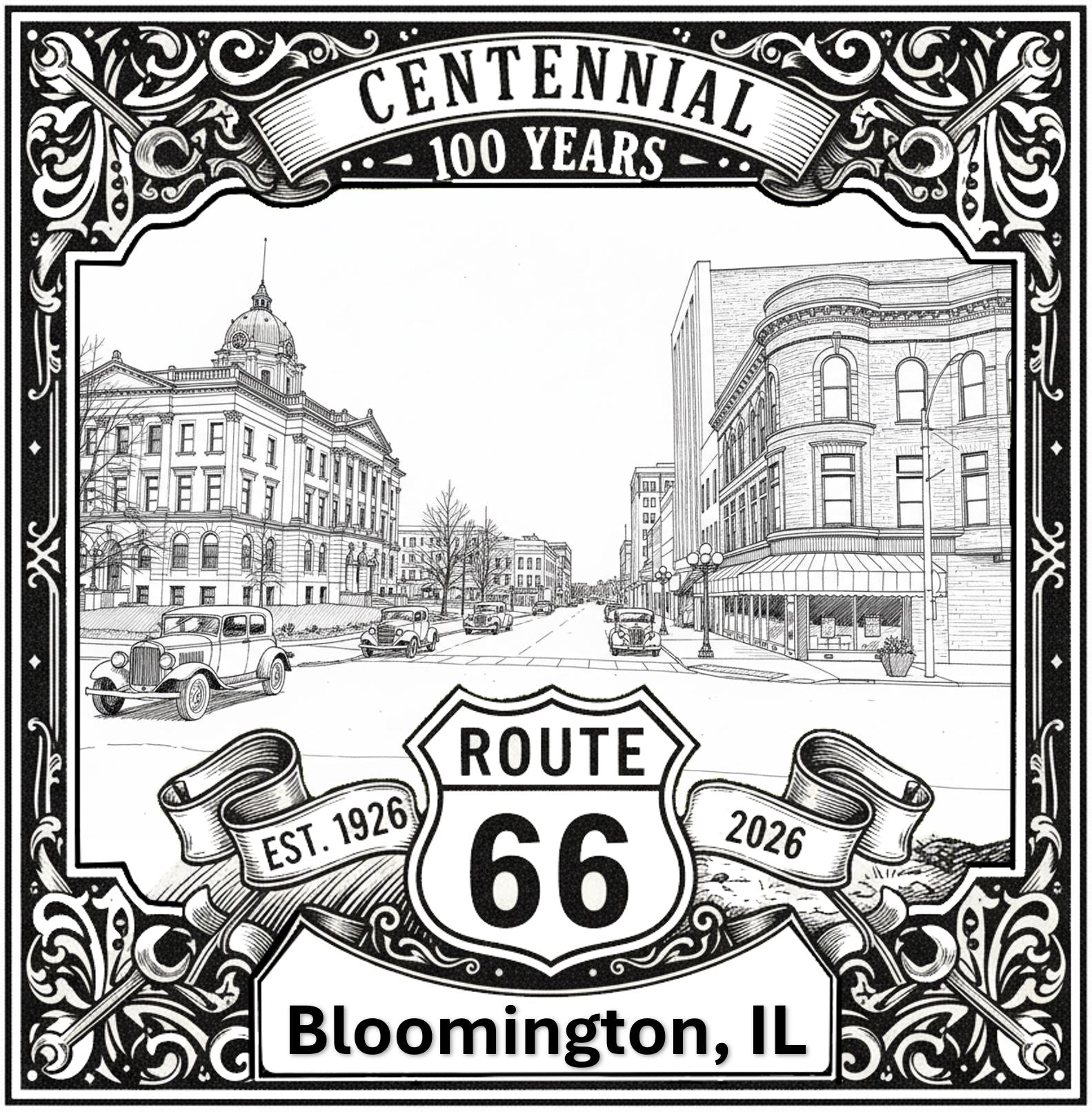 Laser-engraved design of Bloomington, Illinois for Route 66 Centennial