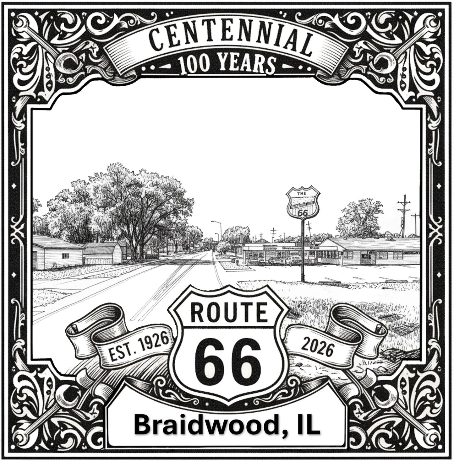 Laser-engraved design of Braidwood, Illinois for Route 66 Centennial