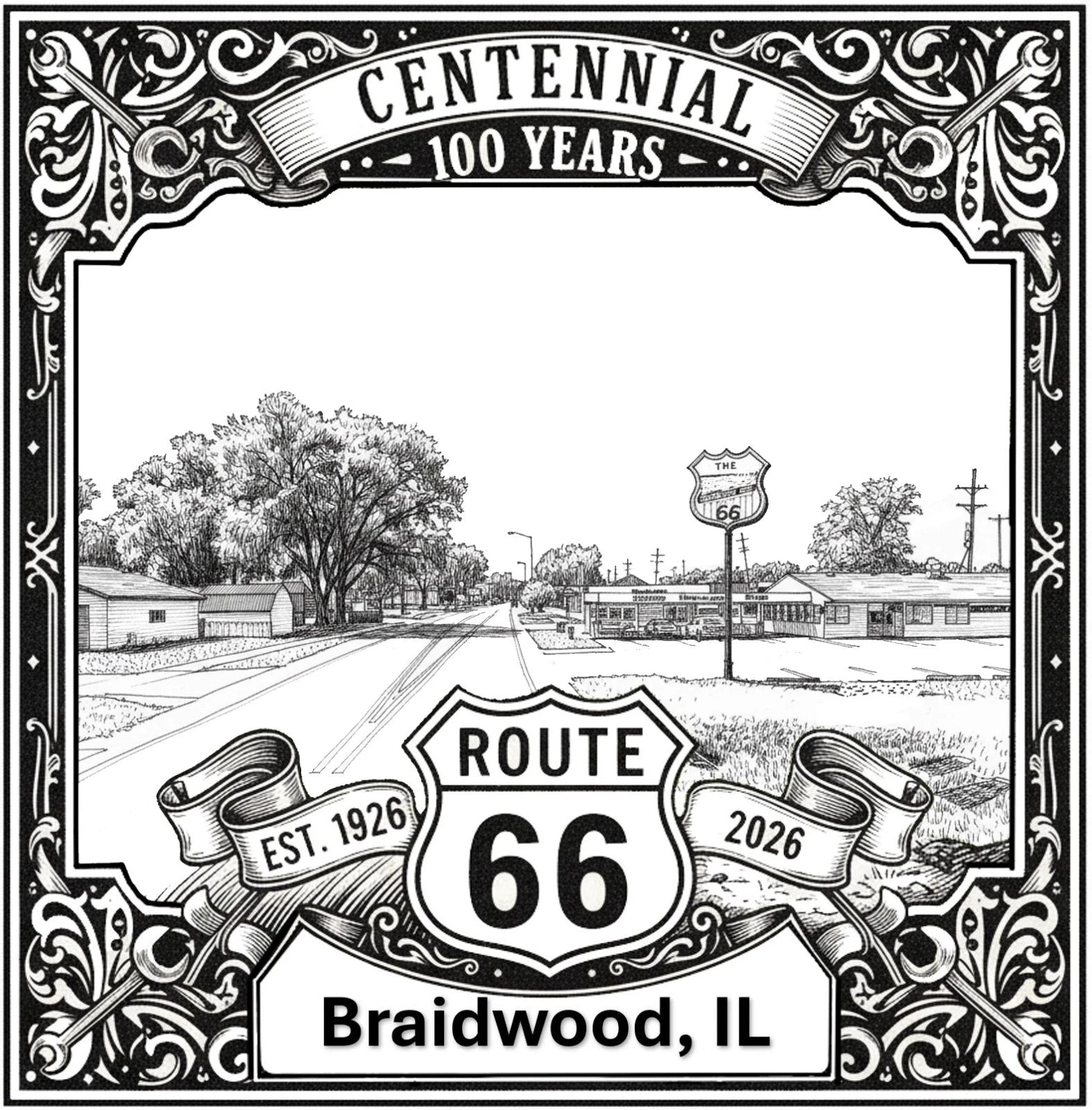 Laser-engraved design of Braidwood, Illinois for Route 66 Centennial