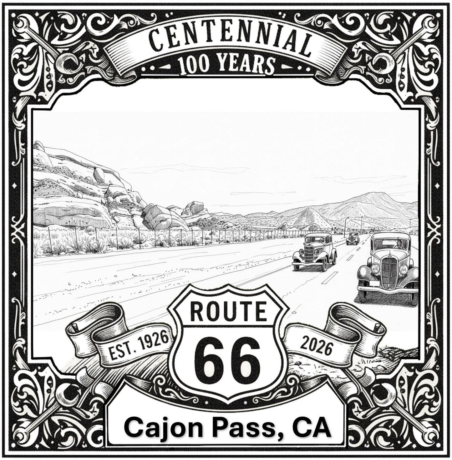 Laser-engraved design of Cajon Pass, California for Route 66 Centennial