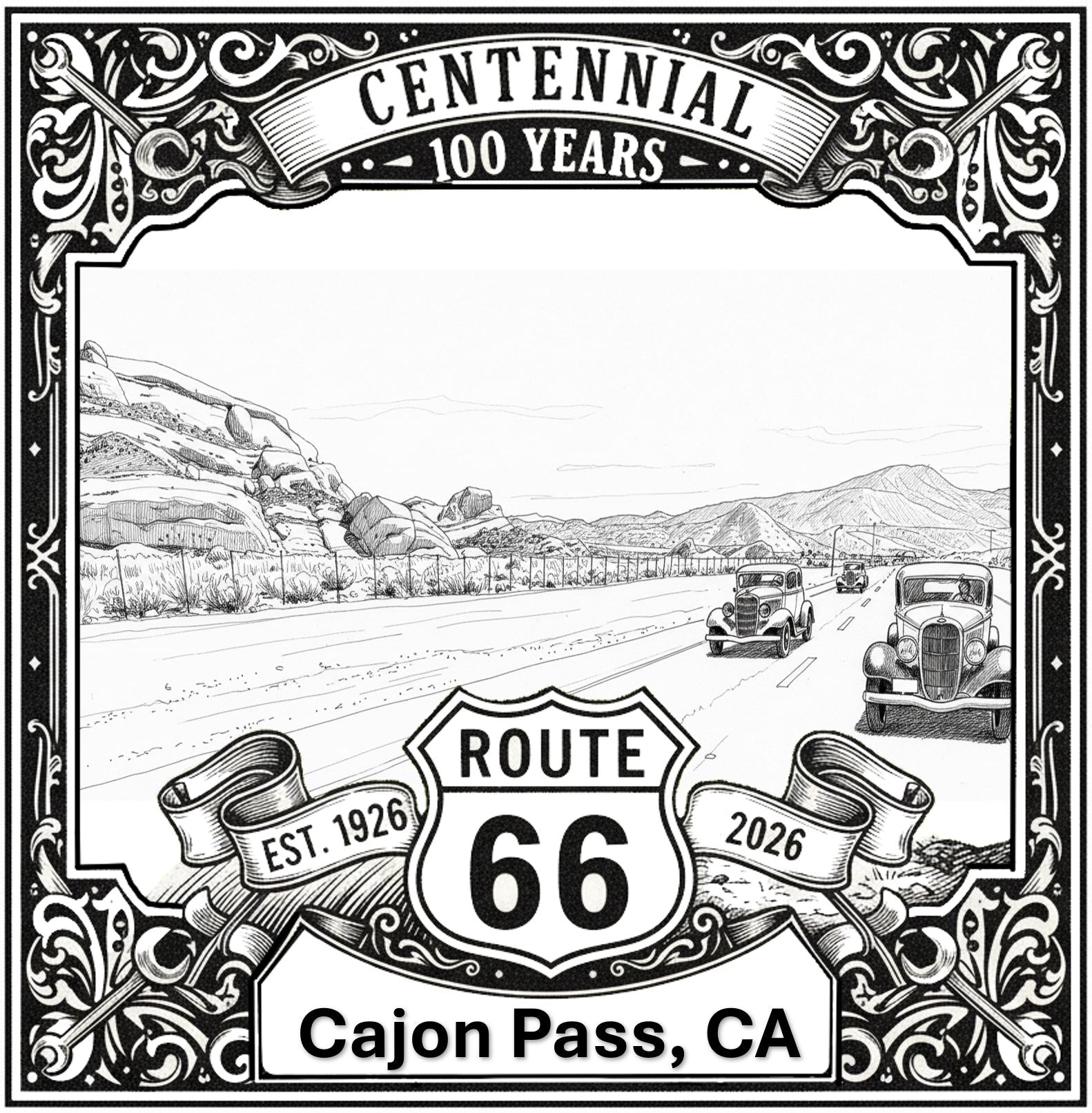 Laser-engraved design of Cajon Pass, California for Route 66 Centennial