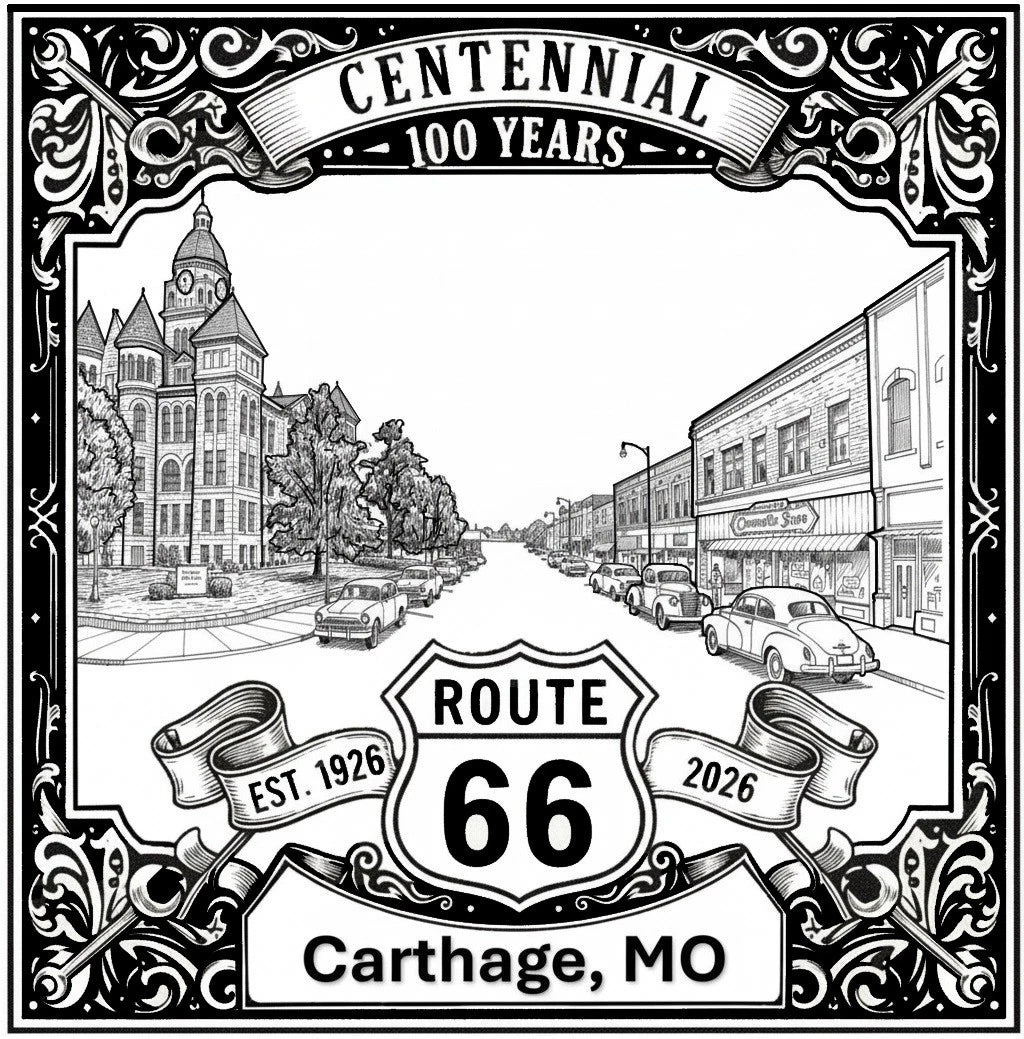 Laser-engraved design of Carthage, Missouri for Route 66 Centennial