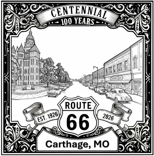 Laser-engraved design of Carthage, Missouri for Route 66 Centennial