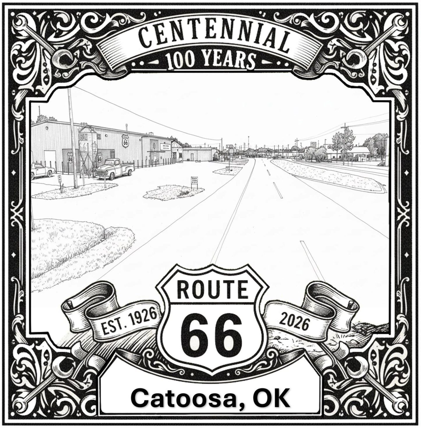 Laser-engraved design of Catoosa, Oklahoma for Route 66 Centennial