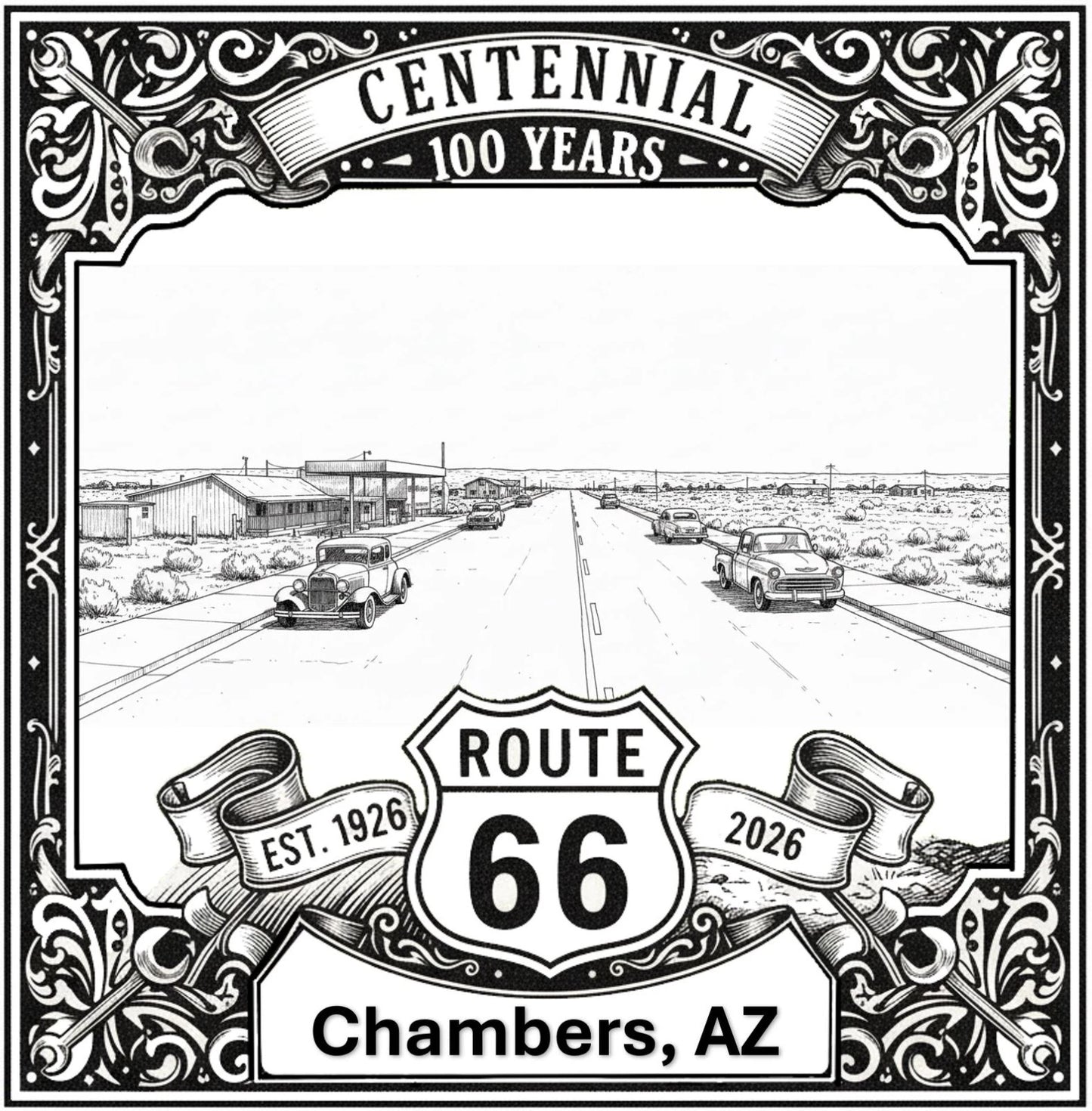 Laser-engraved design of Chambers, Arizona for Route 66 Centennial
