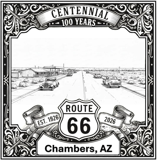 Laser-engraved design of Chambers, Arizona for Route 66 Centennial
