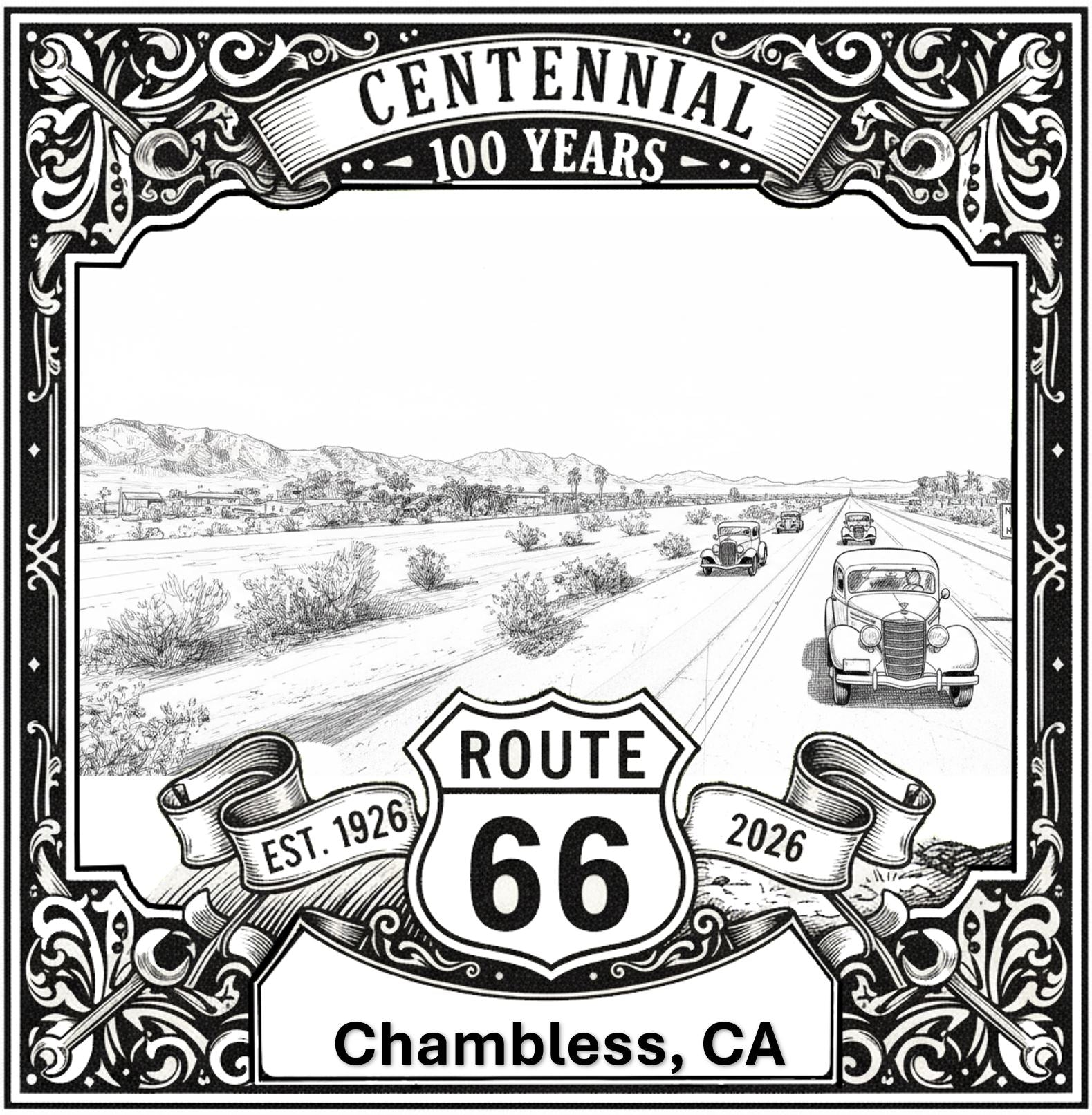 Laser-engraved design of Chambless, California for Route 66 Centennial