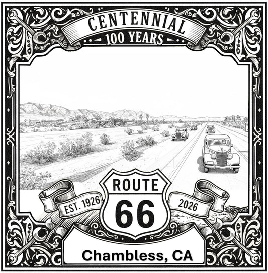 Laser-engraved design of Chambless, California for Route 66 Centennial