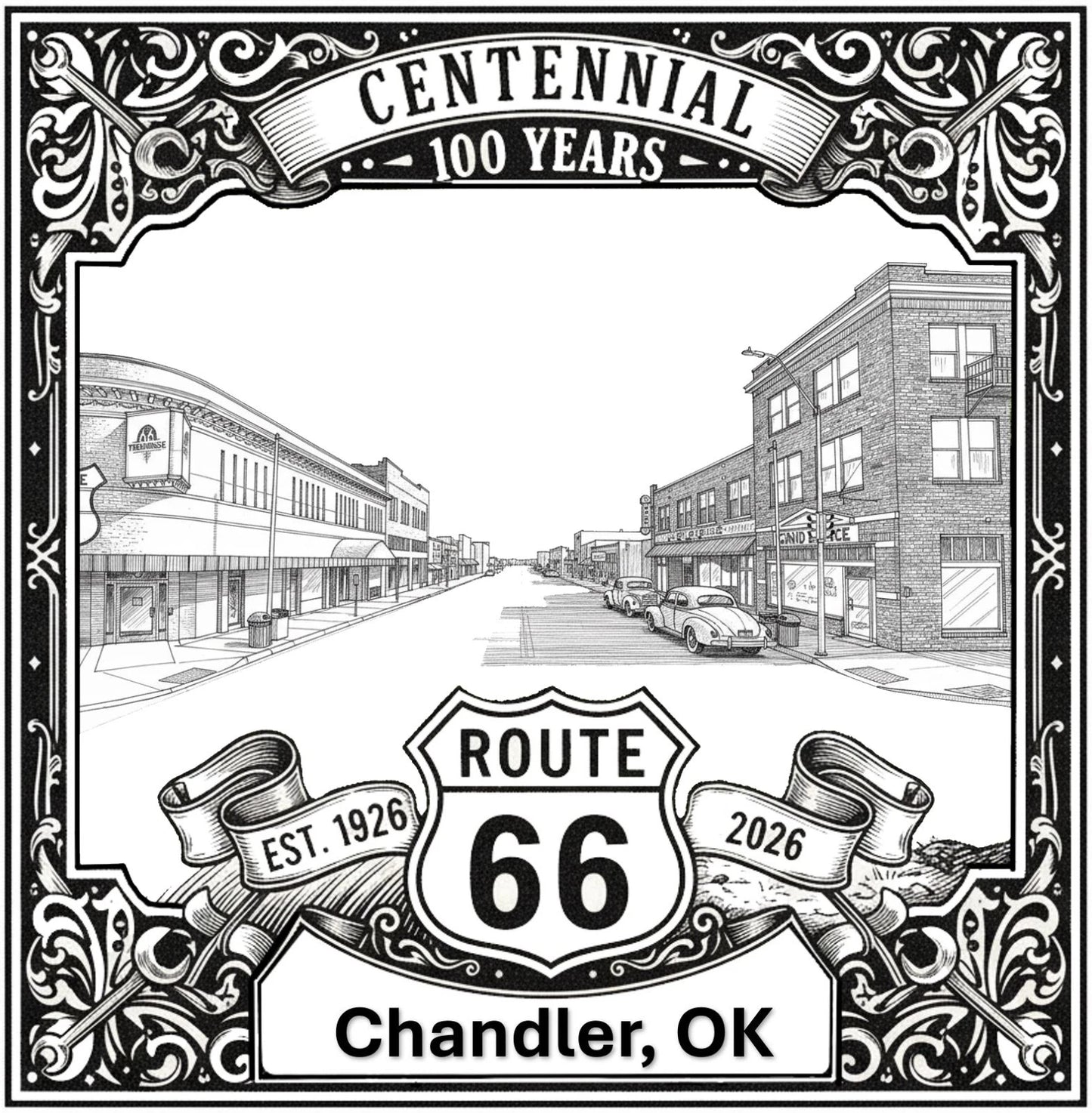 Laser-engraved design of Chandler, Oklahoma for Route 66 Centennial