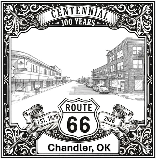 Laser-engraved design of Chandler, Oklahoma for Route 66 Centennial