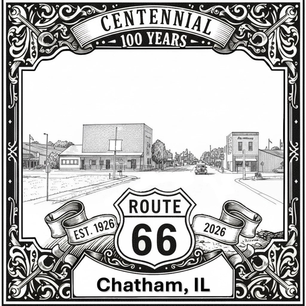Laser-engraved design of Chatham, Illinois for Route 66 Centennial