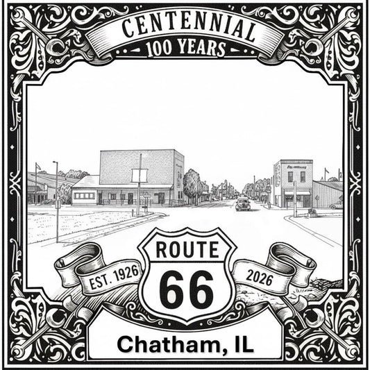 Laser-engraved design of Chatham, Illinois for Route 66 Centennial