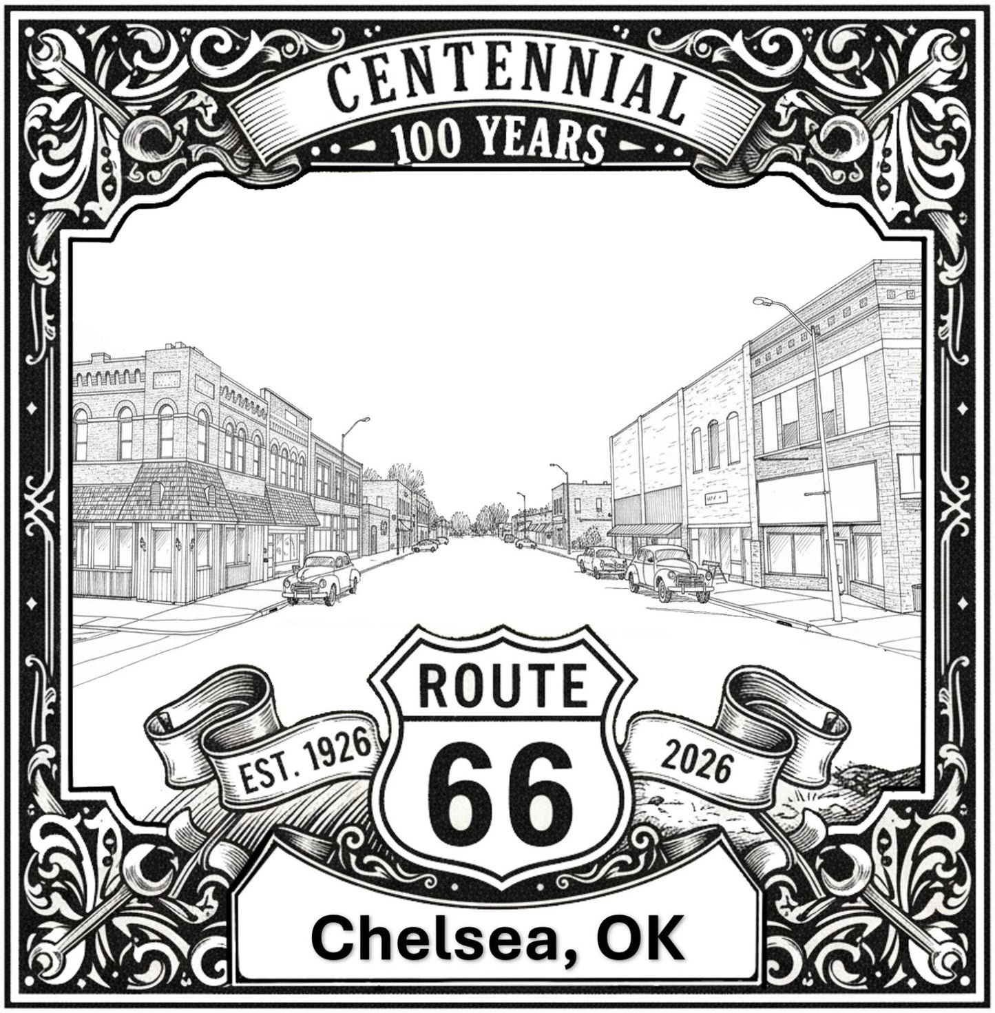 Laser-engraved design of Chelsea, Oklahoma for Route 66 Centennial
