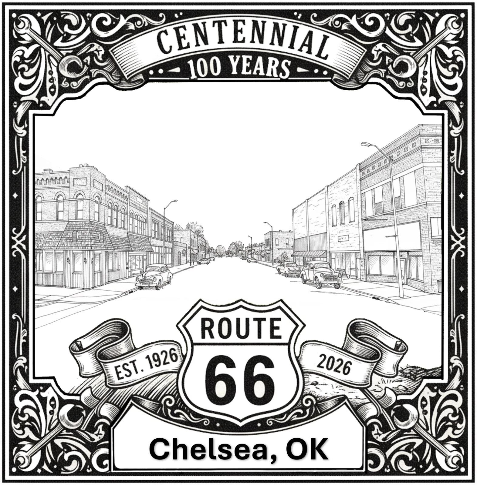 Laser-engraved design of Chelsea, Oklahoma for Route 66 Centennial