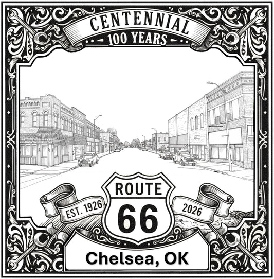 Laser-engraved design of Chelsea, Oklahoma for Route 66 Centennial