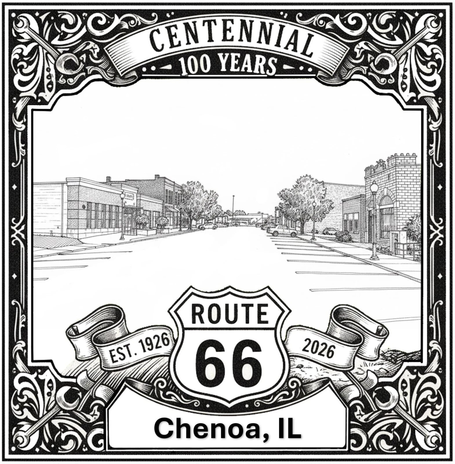 Laser-engraved design of Chenoa, Illinois for Route 66 Centennial