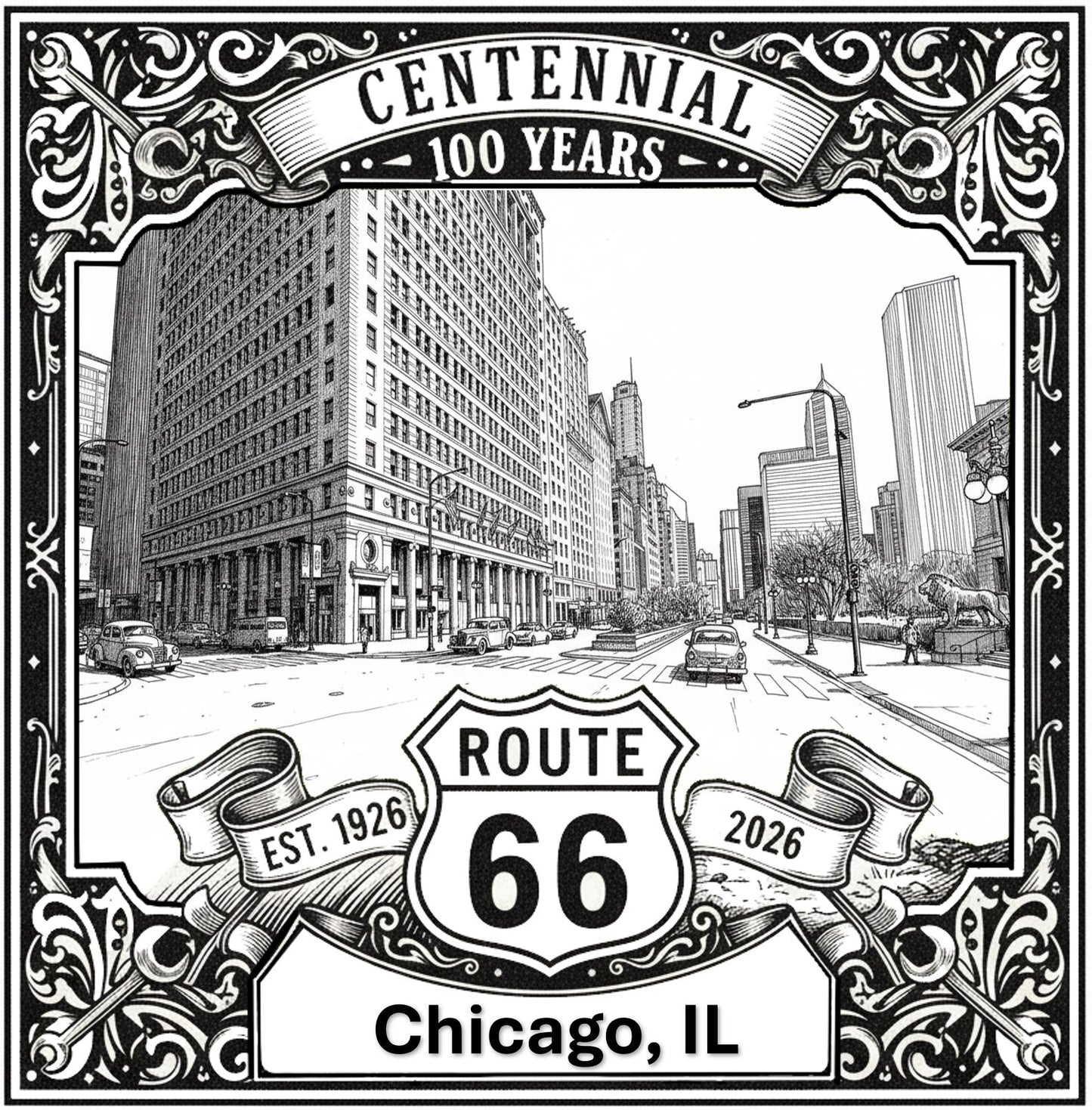 Laser-engraved design of Chicago, Illinois for Route 66 Centennial