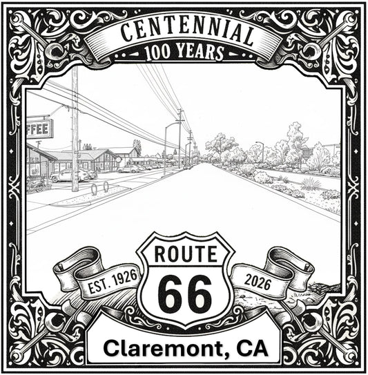 Laser-engraved design of Claremont, California for Route 66 Centennial