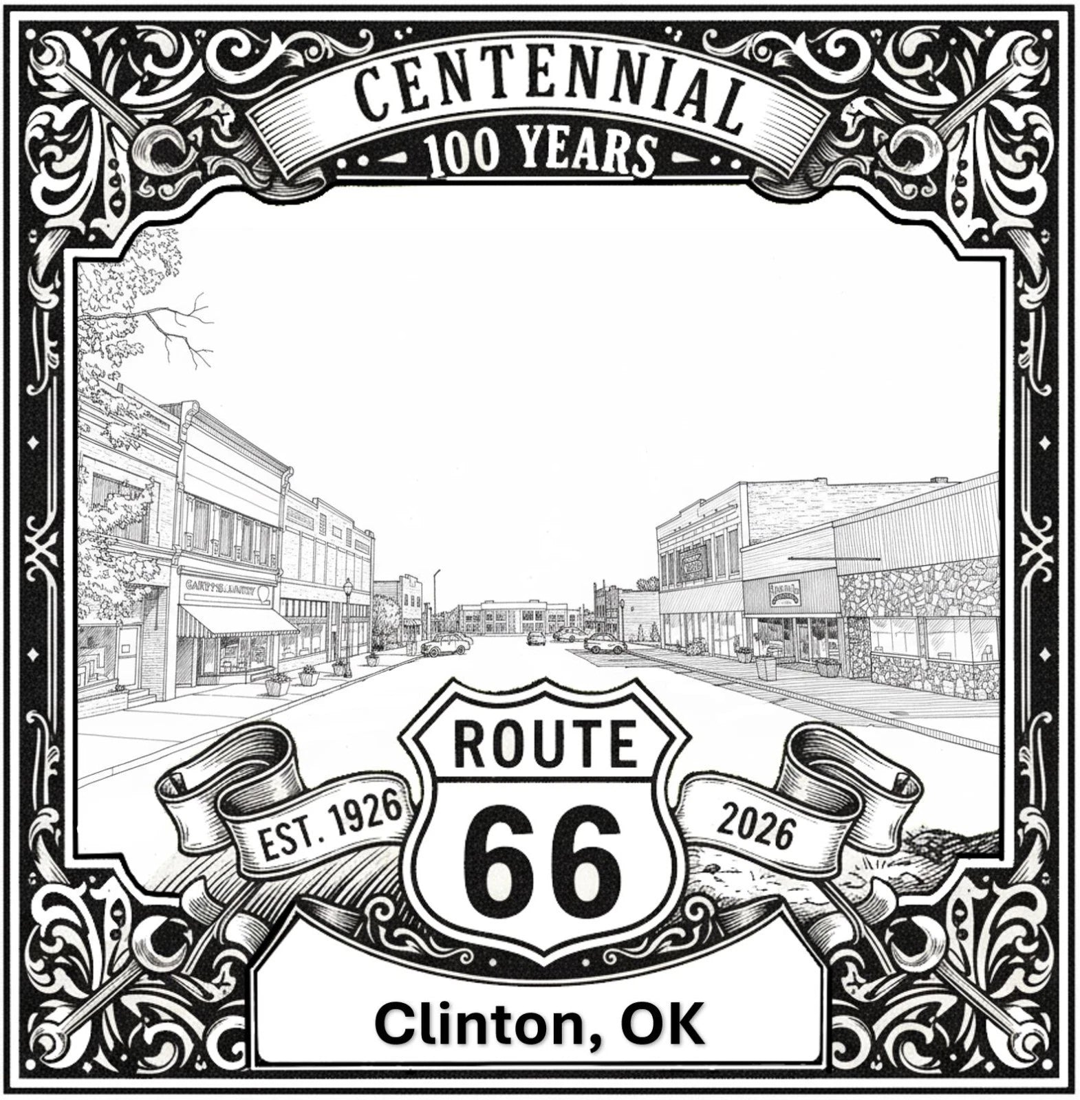 Laser-engraved design of Clinton, Oklahoma for Route 66 Centennial